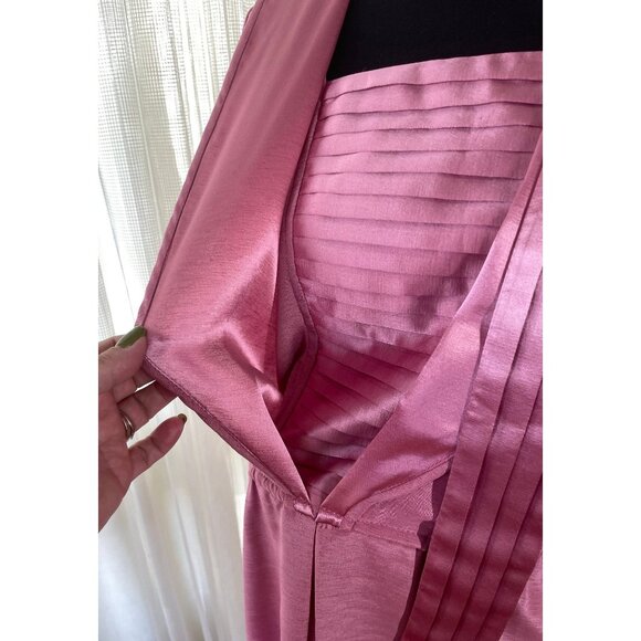 Vintage 80s gown, pink satin dress, long sleeves, modest officewear - Picture 7 of 9